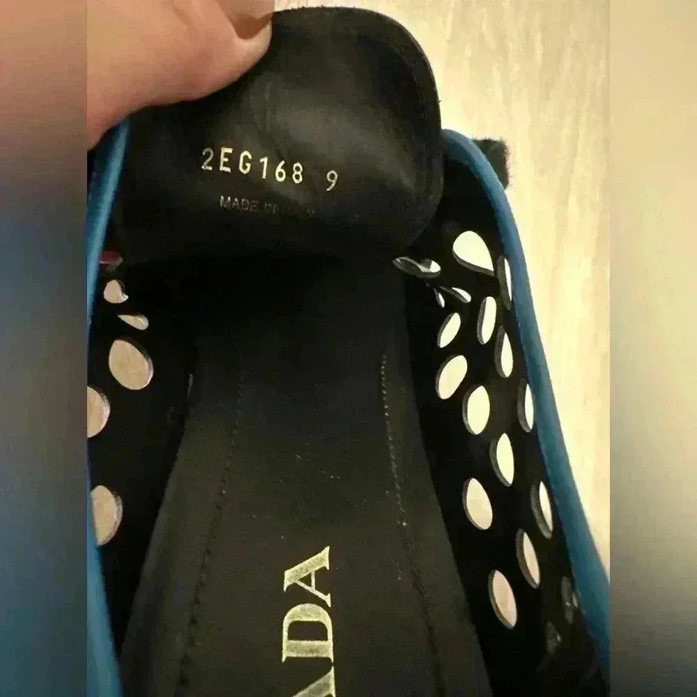 Prada 2EG168 Perforated Leather Sneakers Men 9 Black Orange Excellent Bolt - Picture 9 of 10